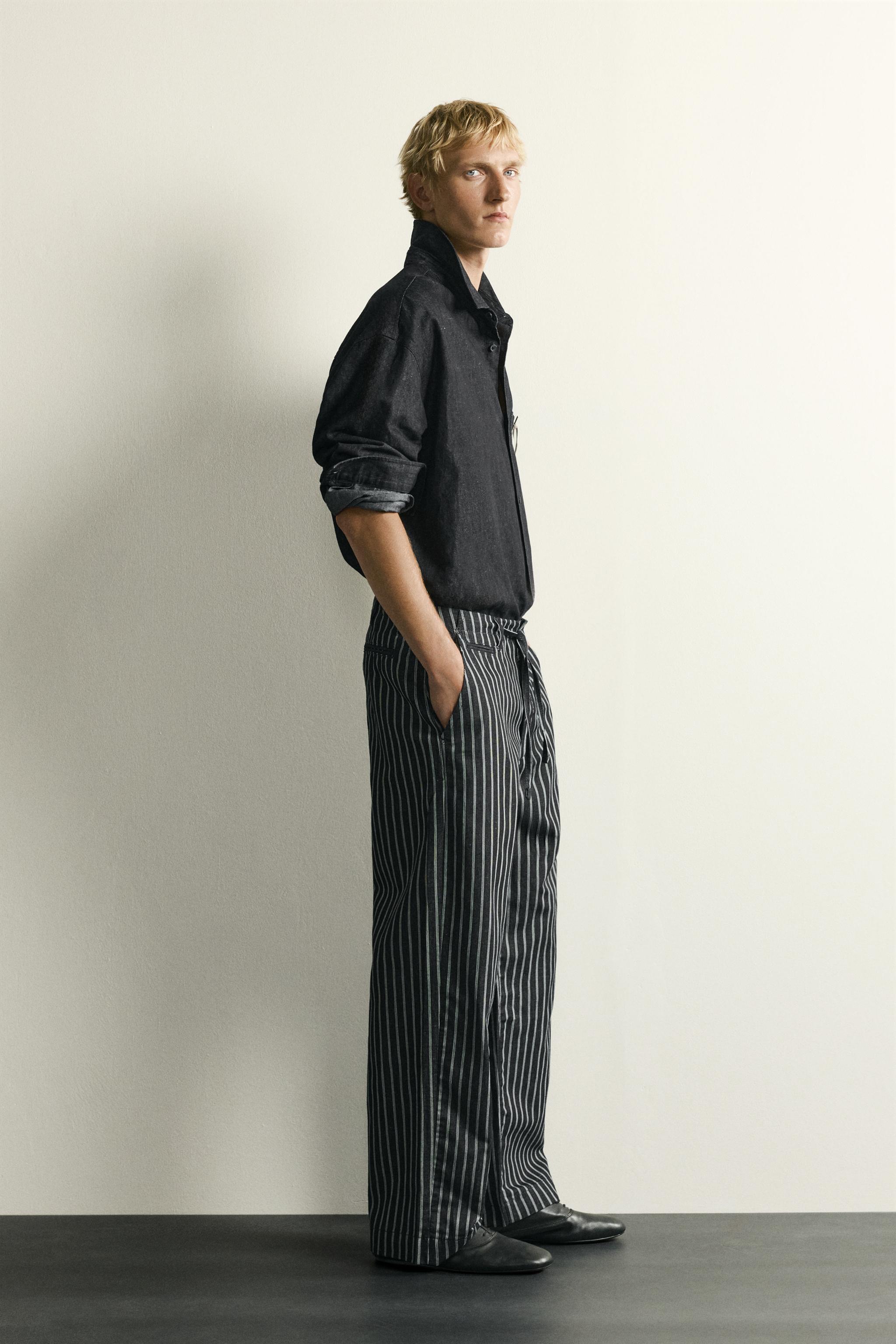 STRIPED COTTON-LINEN DENIM PANTS
